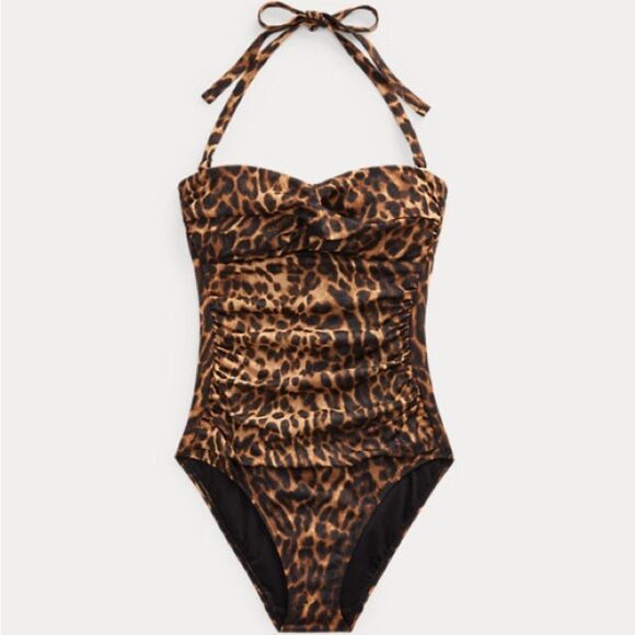 NWT Ralph Lauren Leopard Twist-Front Bandeau One-Piece Swimsuit Size 16